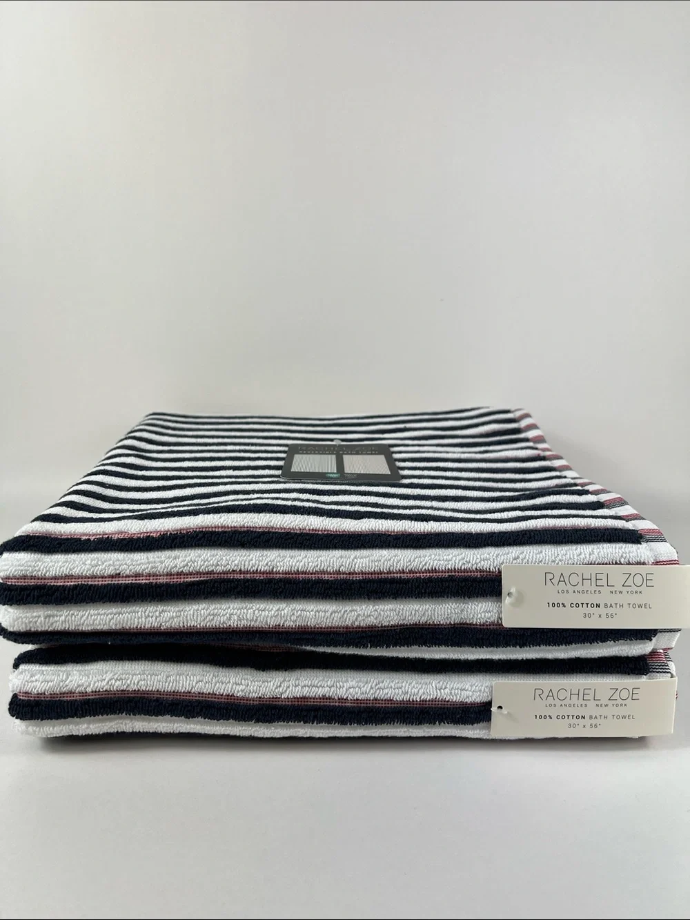 Rachel Zoe Bath Towels Reversible Navy, White and Red Striped Cotton 2 Pc NEW
